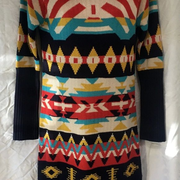 Vintage Jessica Simpson Long Sweater Size XS Tribal Aztec Navy Mustard Y2K - Picture 14 of 14